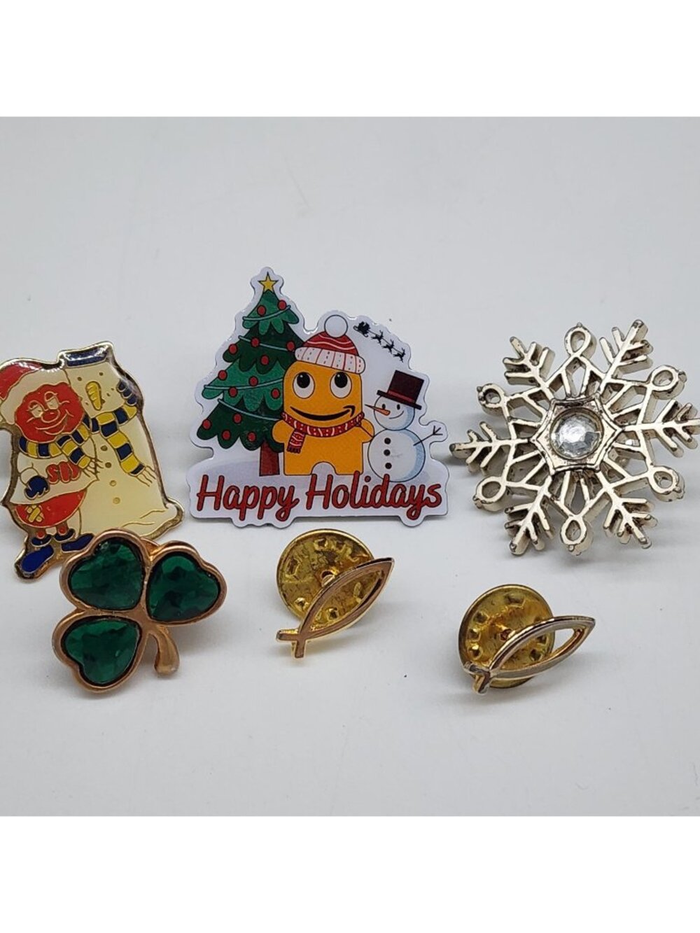 Holiday & Seasonal Lapel Pins Buttons Snowflake Shamrock Snowman Tree